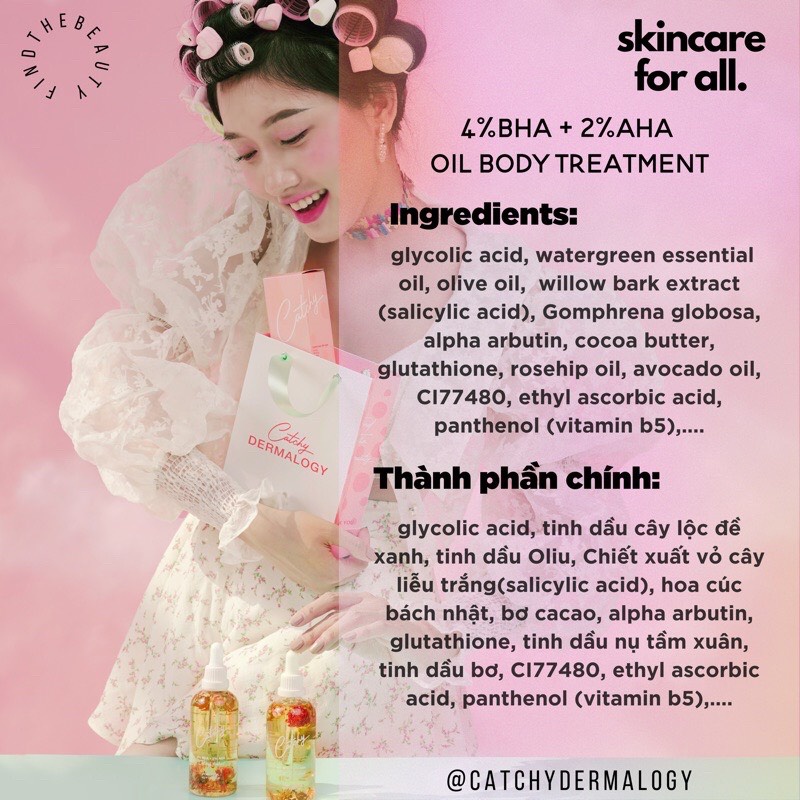 Lọ 10ml dầu dưỡng cơ thể làm sáng da, tẩy tế bào chết Catchy Dermalogy 4%BHA +2%AHA Oil Body Treatment
