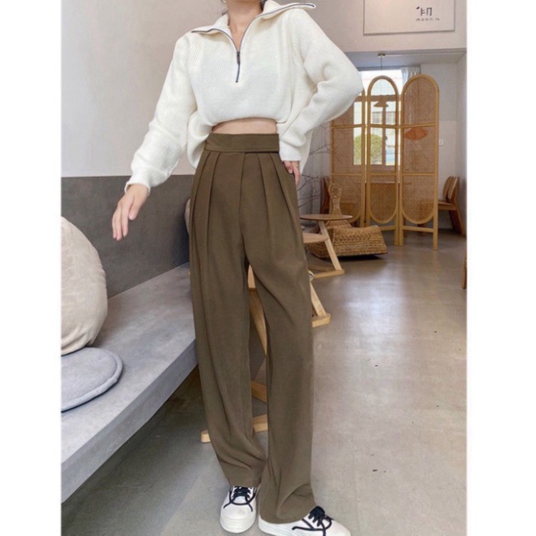 Quần Suông Cạp Cao Baggy GUMAX, Quần Ống Rộng Loe Culottes Nữ Dáng Xếp Ly Đẹp