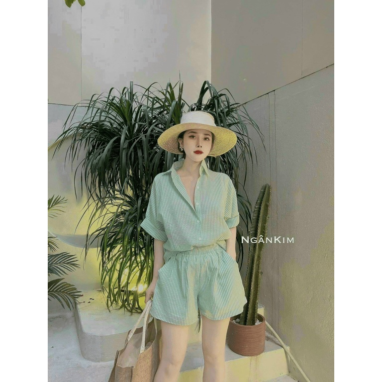 (Free Ship) SÉT KATE XỐP ÁO SƠ MI TAY LỠ PHỐI QUẦN SHORT CHẤT LIỆU KATE THOẢI MÁI THOÁNG MÁT XINH TỎA NẮNG UP Shop VLTN