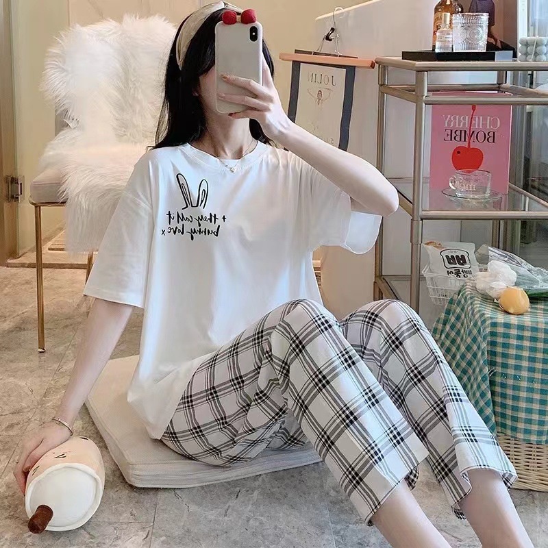 Đồ bộ nữ bigsize quần dài áo cộc TOZZO mặc nhà mùa hè  thun cotton dễ thương 40-70Kg BCD05