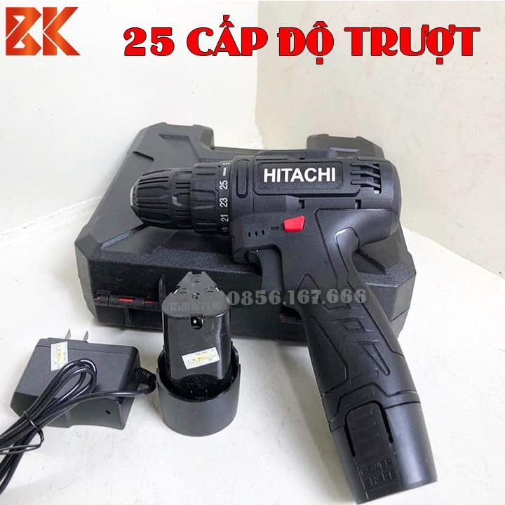 Máy khoan pin HITACHI 12V, Bắn Vít, Vặn vít - Khoan cầm tay 2 cấp tốc độ, 100% đồng, Siêu bền, Có Đèn