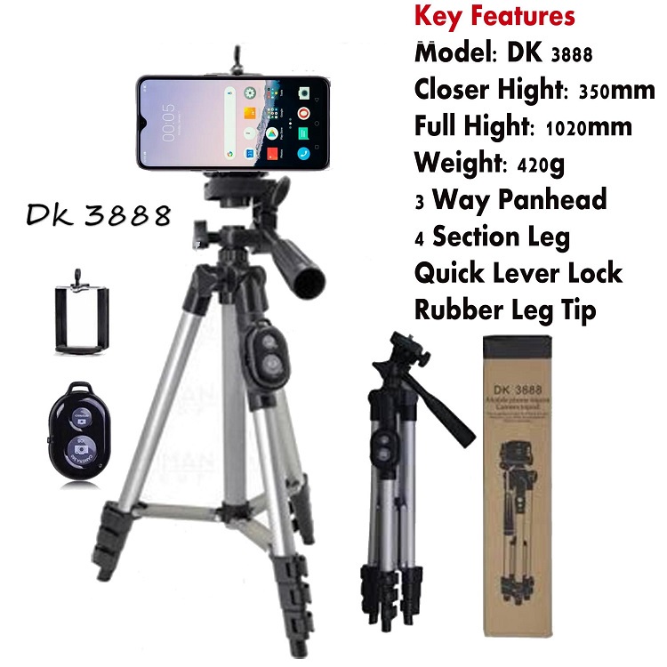 Tripod Ba Chân DK-3888, Tặng Remote Kết Nối Bluetooth - Dùng Cho Máy Ảnh Và ĐT - Tripod Bằng Nhôm 1M - Bảo Hành 6 Tháng