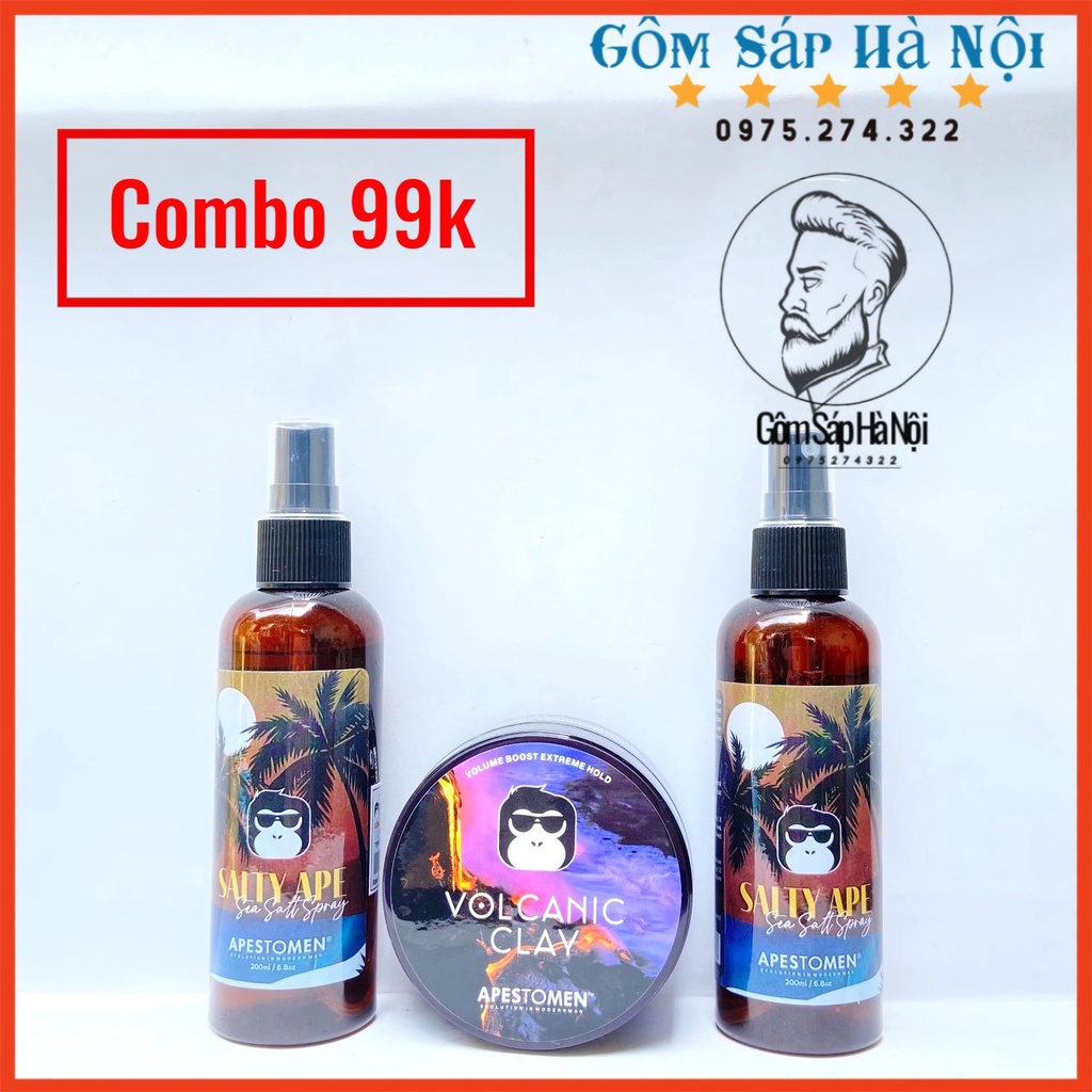 Combo Xịt Dưỡng Tóc APESTOMEN Volcanic Salty Ape Sea Salt Spray+  Sáp Vuốt Tóc Nam Volclay ( Đen)
