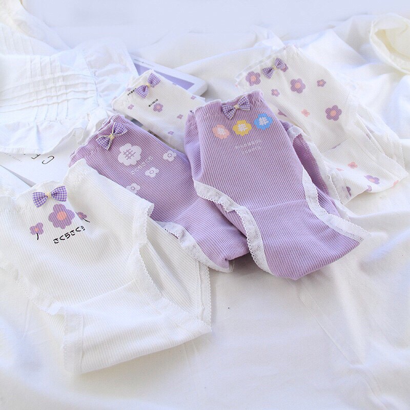 Quần Lót Cotton Co Dãn 4 Chiều Hoa 5 Cánh Tím Pastel