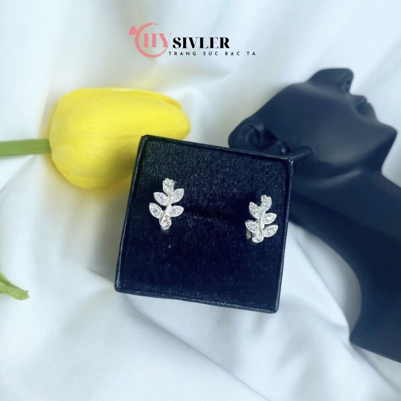 Bông tai bạc ta hình lá nguyệt quế đính đá nữ tính bông tai nữ bạc thật giá rẻ CHY SILVER