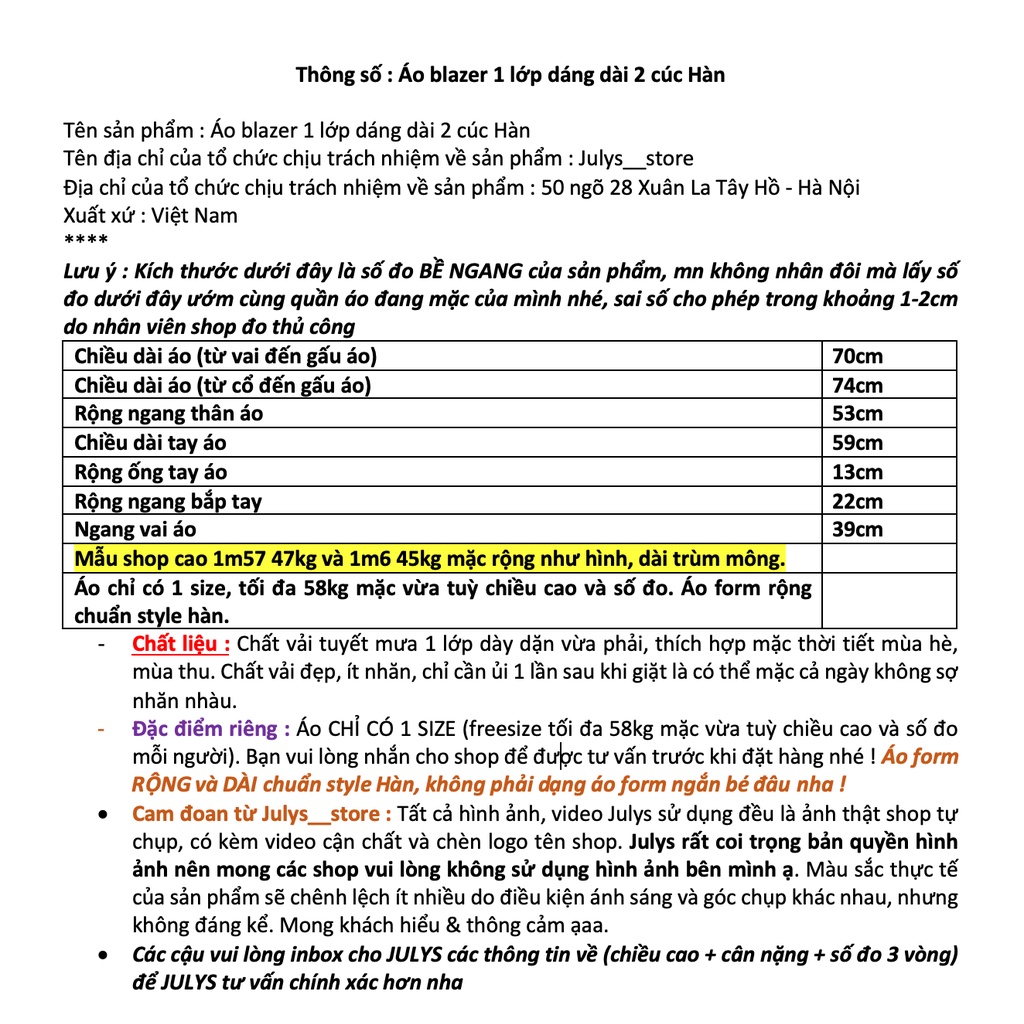 Áo blazer 1 lớp dáng dài 2 cúc Hàn (ảnh THẬT kèm video) | BigBuy360 - bigbuy360.vn