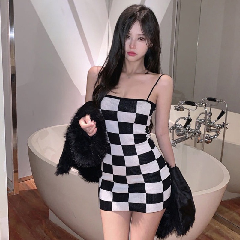 Đầm Dệt Kim Kẻ Sọc Caro Phong Cách Hàn Quốc Quyến Rũ Cho Nữ