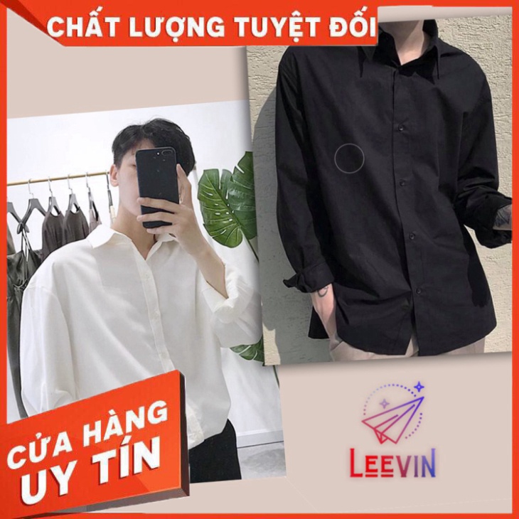 Áo sơ mi nam nữ dài tay Unisex Basic TRƠN Form rộng màu trắng và đen Chất cotton lụa mịn mát Bigsize Leevin Store - Hàng