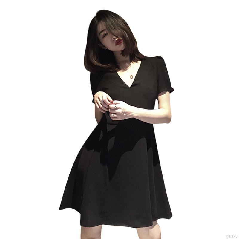 Đầm Nữ Tay Ngắn Cổ Chữ V Màu Trơn Phong Cách Hàn Quốc | BigBuy360 - bigbuy360.vn