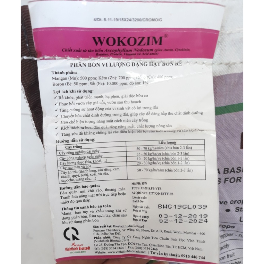 WOKOZIM -túi 5kg- Phân bón vi lượng dạng hạt, bón qua rễ