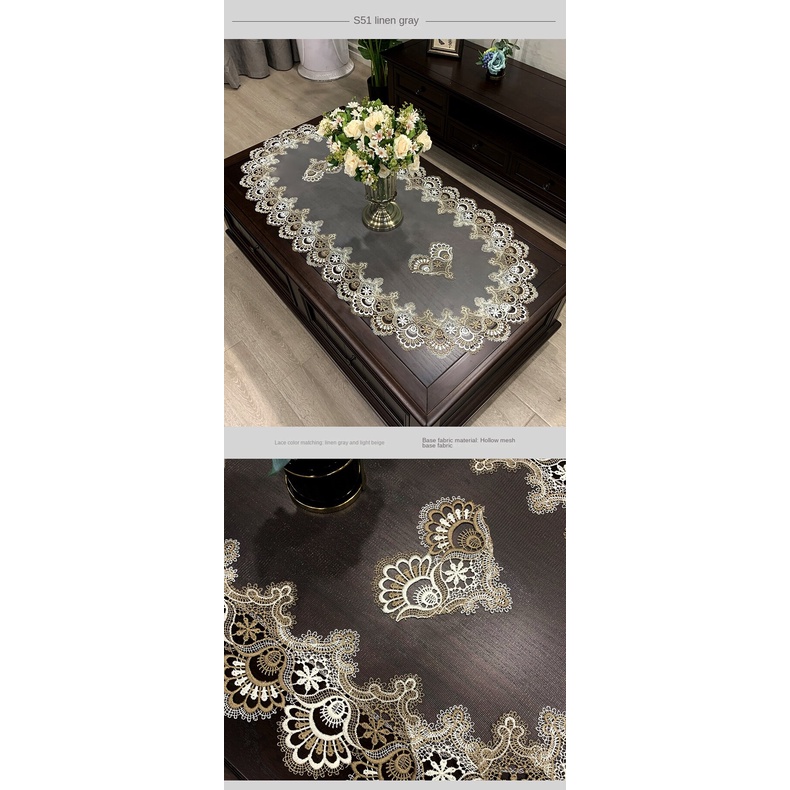 Khăn Trải Bàn Cà Phê Hình Oval Phối Ren Phong Cách Châu Âu