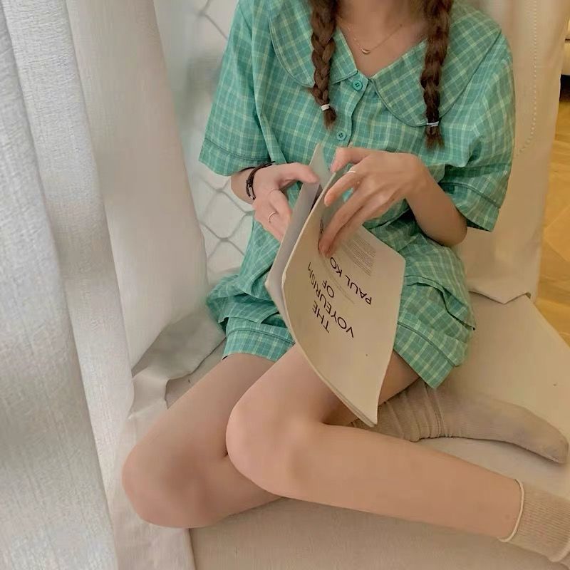 Bộ Đồ Ngủ Cotton Ngắn Tay Họa Tiết Ca Rô Phong Cách Hàn Quốc Thời Trang Cho Nữ