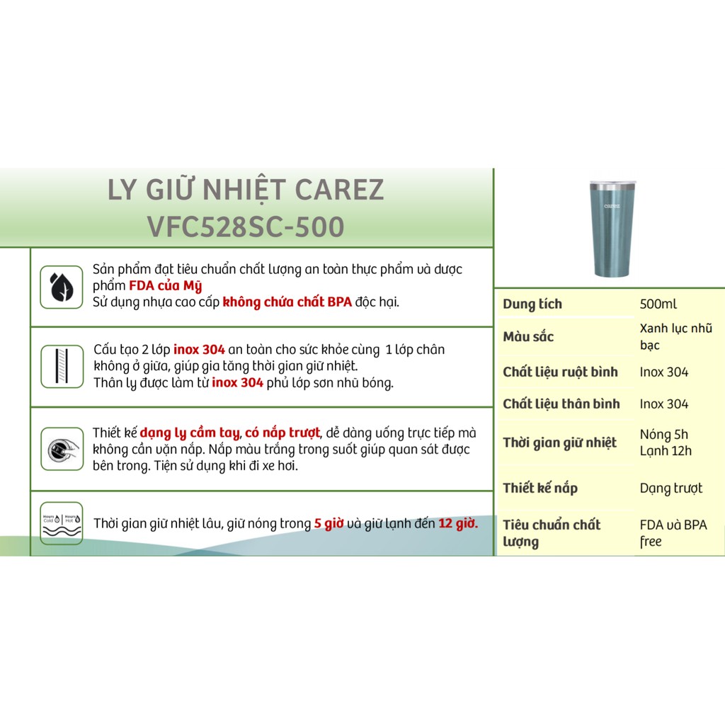 Ly giữ nhiệt cao cấp CAREZ VFC528SC-500 | BigBuy360 - bigbuy360.vn