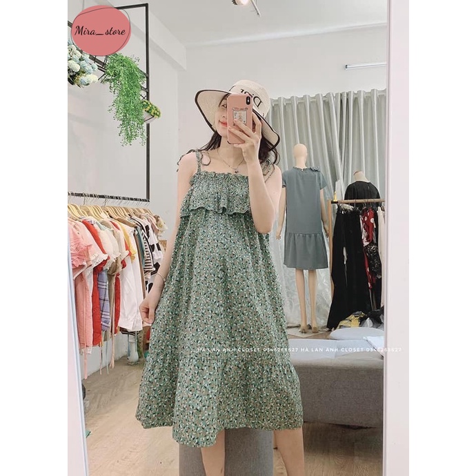 Váy Bầu Hoa Nhí  [FREESHIP] Đầm Bầu Hai Dây Dáng Suông FREESIZE 45-73 kg