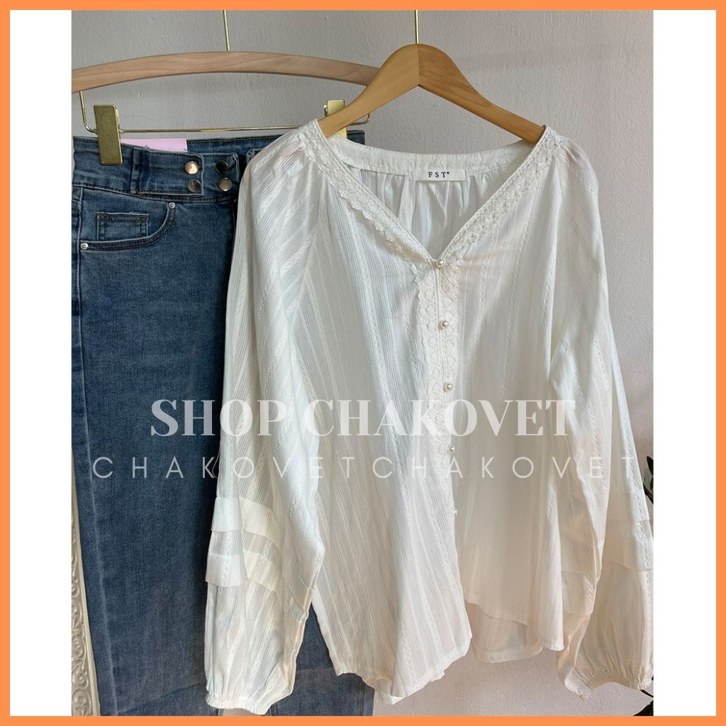 Áo sơ mi nữ dài tay form rộng CKA871, áo kiểu nữ đẹp cổ V tay bồng dáng babydoll cúc ngọc viền ren mặc đi làm đi học