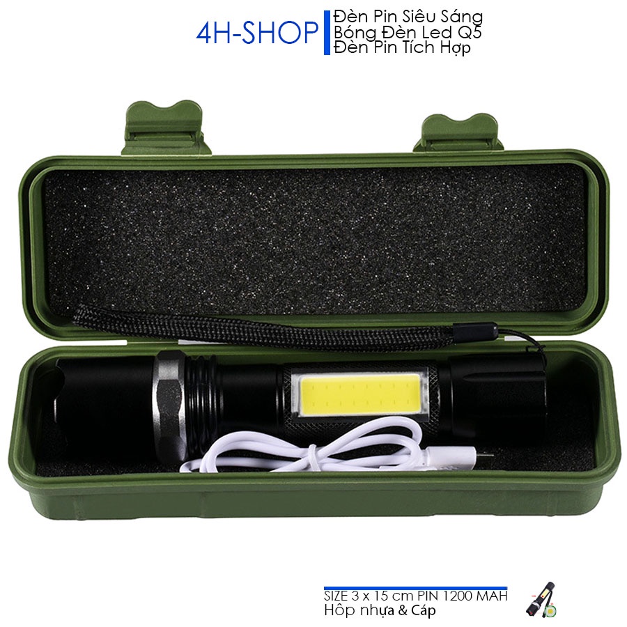 Đèn pin siêu sáng Led Q5 đèn cạnh COB, dùng pin sạc 1200mah, kim loại nhôm kèm hộp nhựa và cáp sạc cổng USB.