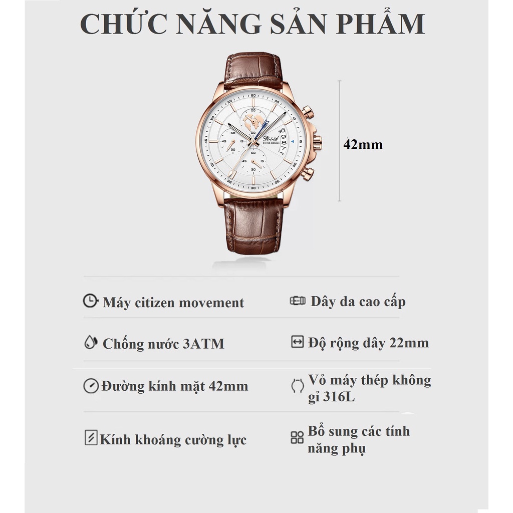 Đồng hồ nam DIZIZID cao cấp chống nước dây da nâu lịch lãm - Chạy Full 6 kim và lịch ngày - Kim phản quang-DBS-A06