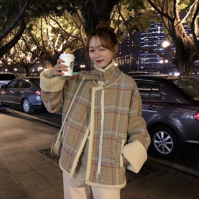 Order áo khoác vải dạ lót lông cừu style Hàn Quốc mùa thu đông 2019, hàng quảng châu loại đẹp