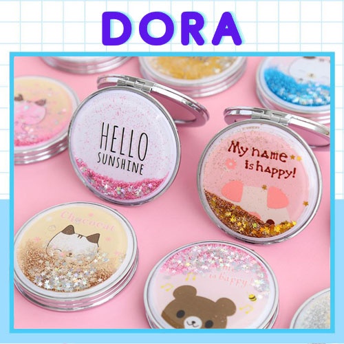 Gương trang điểm mini, gương nhũ soi được 2 mặt thiết kế vỏ kim tuyến nước lấp lánh chất lượng cao