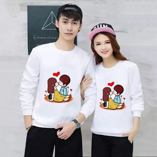 Áo Cặp Đôi Hot Nam Nữ Thu Đông Siêu Xinh Cute Dài Bo Tay Chất Liệu Da Cá In 3D Dễ Thương Hai Người Hôn Nhau - MEO0620