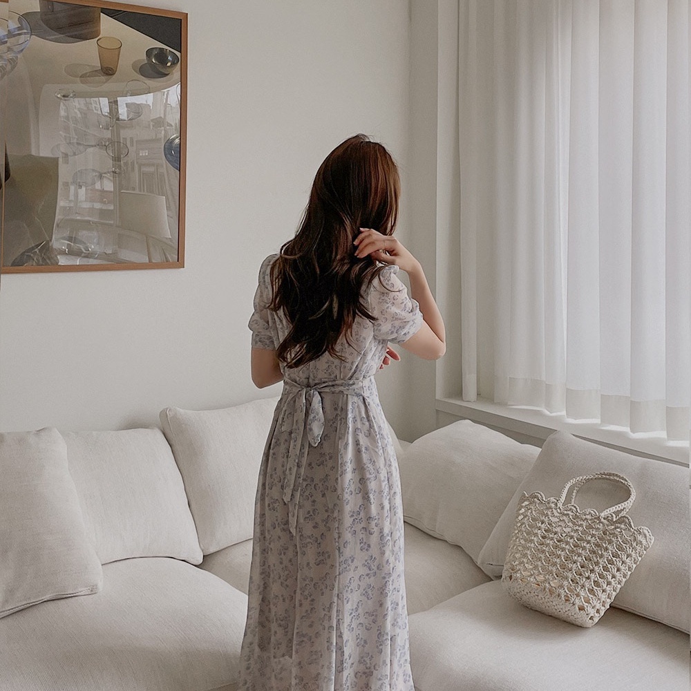 SUXI Đầm Tay Ngắn Cổ Chữ V Họa Tiết Hoa Thiết Kế Đơn Giản Phong Cách Vintage