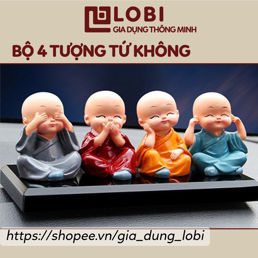 Bộ 4 tượng chú tiểu bốn hòa thượng tứ không mini để ô tô bàn làm việc đẹp bằng sứ an lạc