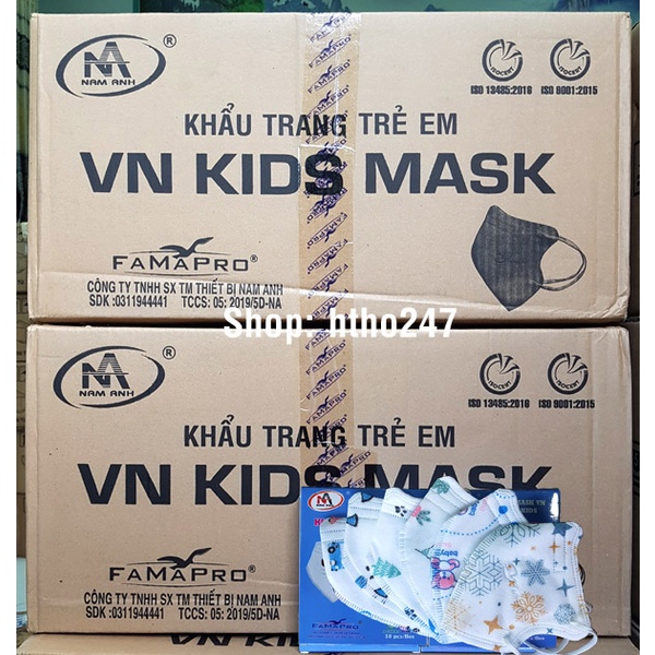 Thùng 100 hộp Khẩu trang y tế trẻ em 6D (5D form mới) Famapro VN Kids Mask chính hãng Nam Anh, nhiều họa tiết