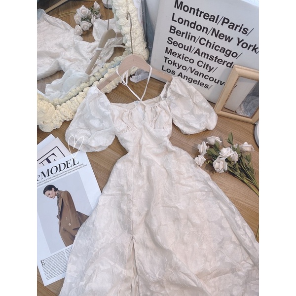 ĐẦM HOA NỔI TAY BỒNG CHÉO DÂY CỘT CỔ MIDI KEM