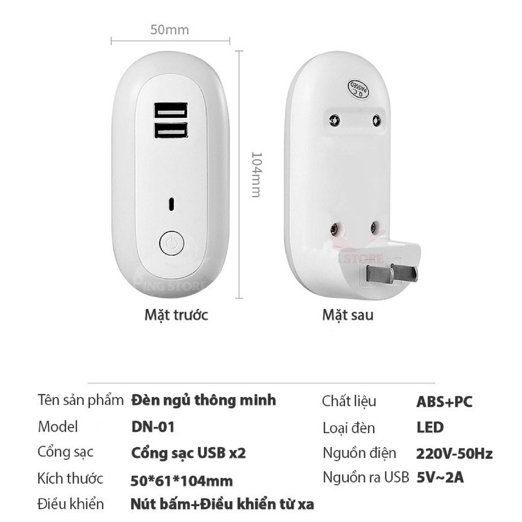 [ẢNH THẬT] Đèn Ngủ Thông Minh Có Cổng Sạc USB, 10 Cấp Độ Sáng, Điều Khiển Từ Xa Bằng Remote, Hẹn Giờ Tự Động