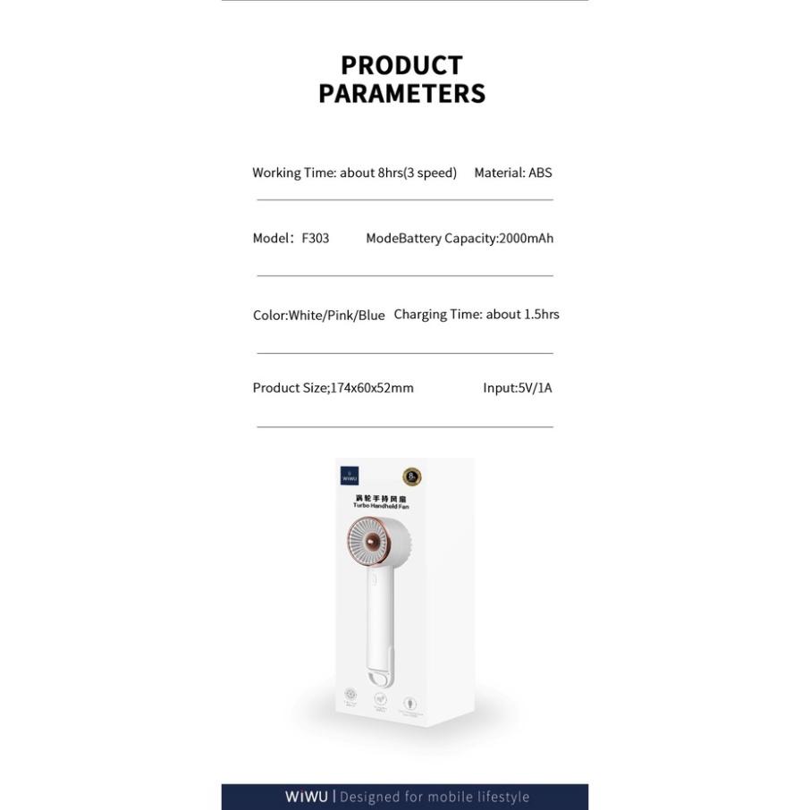Quạt Wiwu Turbo Handheld Fan F303 quạt mini cầm tay USB chính hãng có hơi nước, cầm chắc tay, bền đẹp, pin trâu