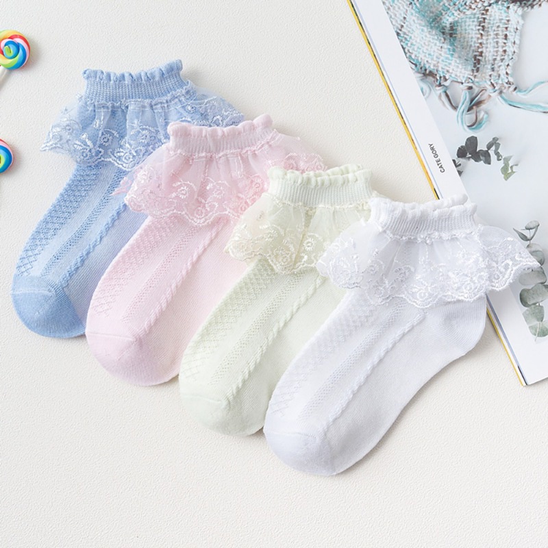 Vớ Cotton Phối Ren Màu Trơn Thoáng Khí Phong Cách Nhật Bản Dễ Thương Cho Bé Gái