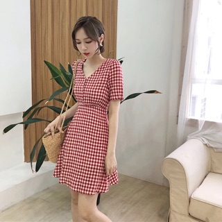 (order) Váy caro cổ v khuy ngực