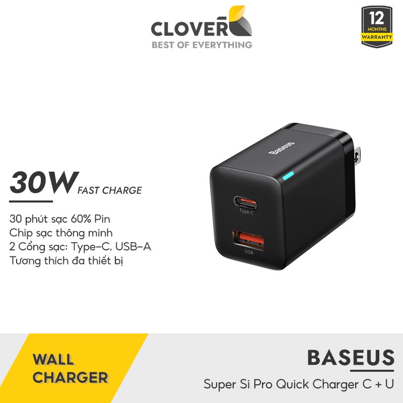 Củ Sạc Nhanh 30w Baseus Super Si Pro Cloverb Nhỏ Gọn Chân Gập Tiện Lợi Hai Cổng Sạc Cho Ip Samsung Xiaomi Huawei Oppo