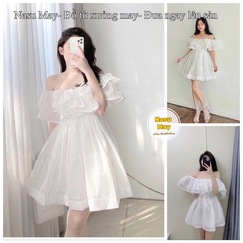Váy Trễ Vai Voan 2 Lớp, Đầm Dự Tiệc Nữ Màu Trắng Tiểu Thư Sang Chảnh
