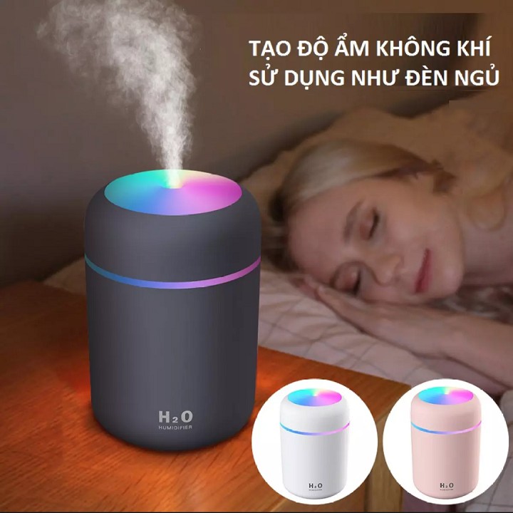 Máy Phun Sương Tạo Độ Ẩm Xông Tinh Dầu Kiêm Đèn Led 7 Màu Cực Xinh, Máy Tạo Độ Ẩm Phun Sương Mini