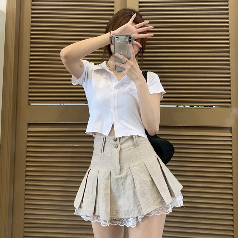 Brroa Chân Váy Kaki Mini Xếp Ly Cài Nút Phối Ren Hai Lớp Phong Cách Harajuku Cổ Điển Đường Phố Cho Nữ