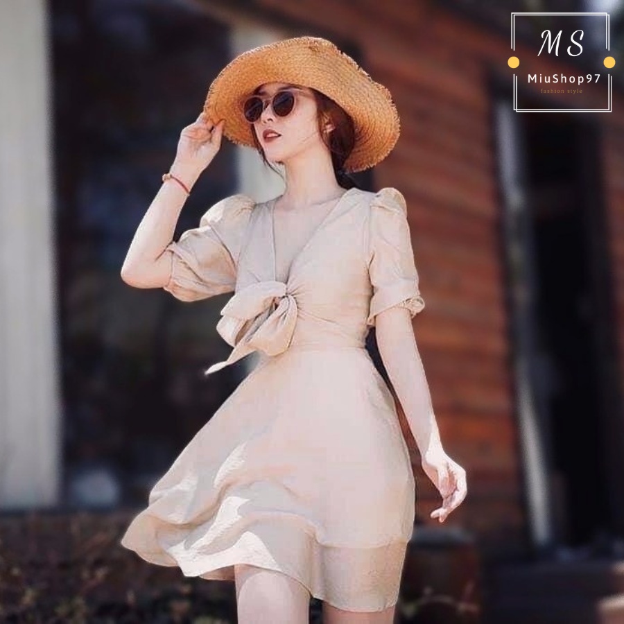 Đầm Xoè Tay Con Buộc Dây Nơ Ngực Tông Nude Trầm