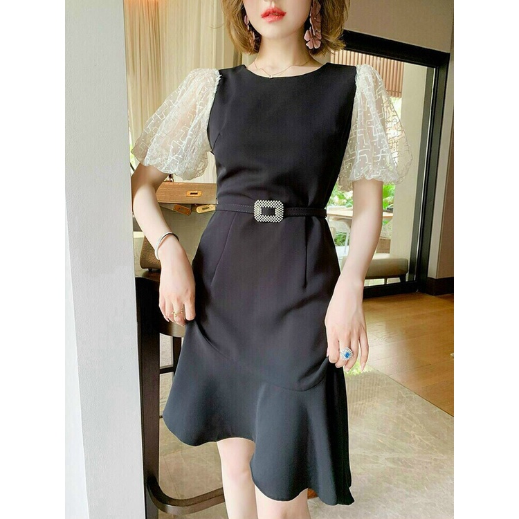 Đầm body lụa đen tay phồng phối ren trắng - BH38340 - Hàng Quảng Châu
