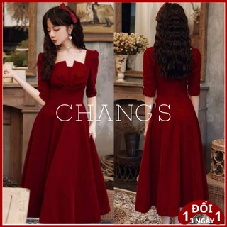 Váy nhung đỏ đô tay lỡ dáng xòe dài 106cm -
