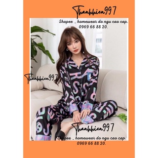 Pijama tay dài lei chữ cái màu E008 lụa cao cấp quảng châu.