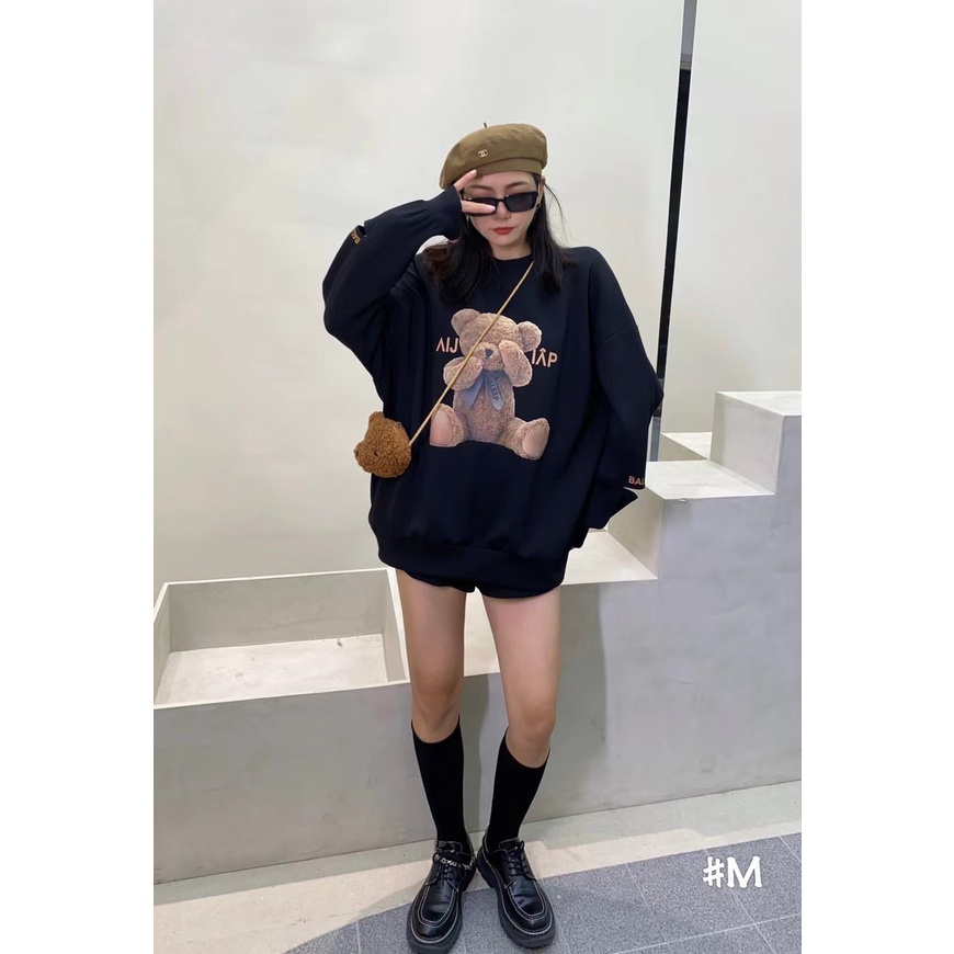 Áo nỉ nữ hình gấu dày dặn ấm áp form rộng dài tay freesize Bling Store (kèm túi gấu)