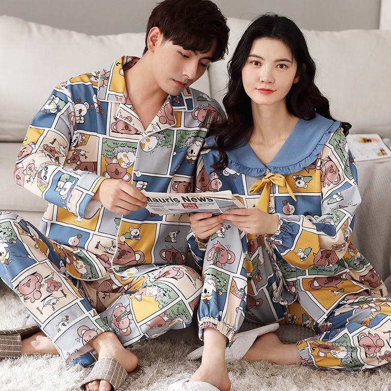 Cặp Đôi Dài Tay Cotton Đồ Ngủ Mùa Xuân Và Mùa Thu Và Mùa Đông Nữ Hàn Quốc Của Nam Giới XL Nam Mặc Nhà Hai Mảnh