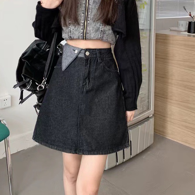 Chân váy chữ A cạp cao, chân váy jean kaki phong cách Hàn Quốc_v9