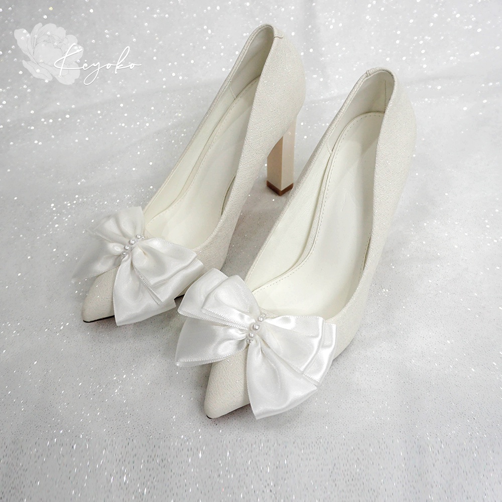 Giày cưới Kiyoko gót vuông đính nơ satin 3 tầng cao 10cm