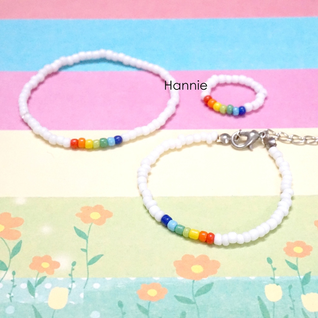 Set hạt cườm nhựa trắng rainbow cầu vồng handmade - Combo vòng tay nhẫn dành cho nam nữ đơn giản