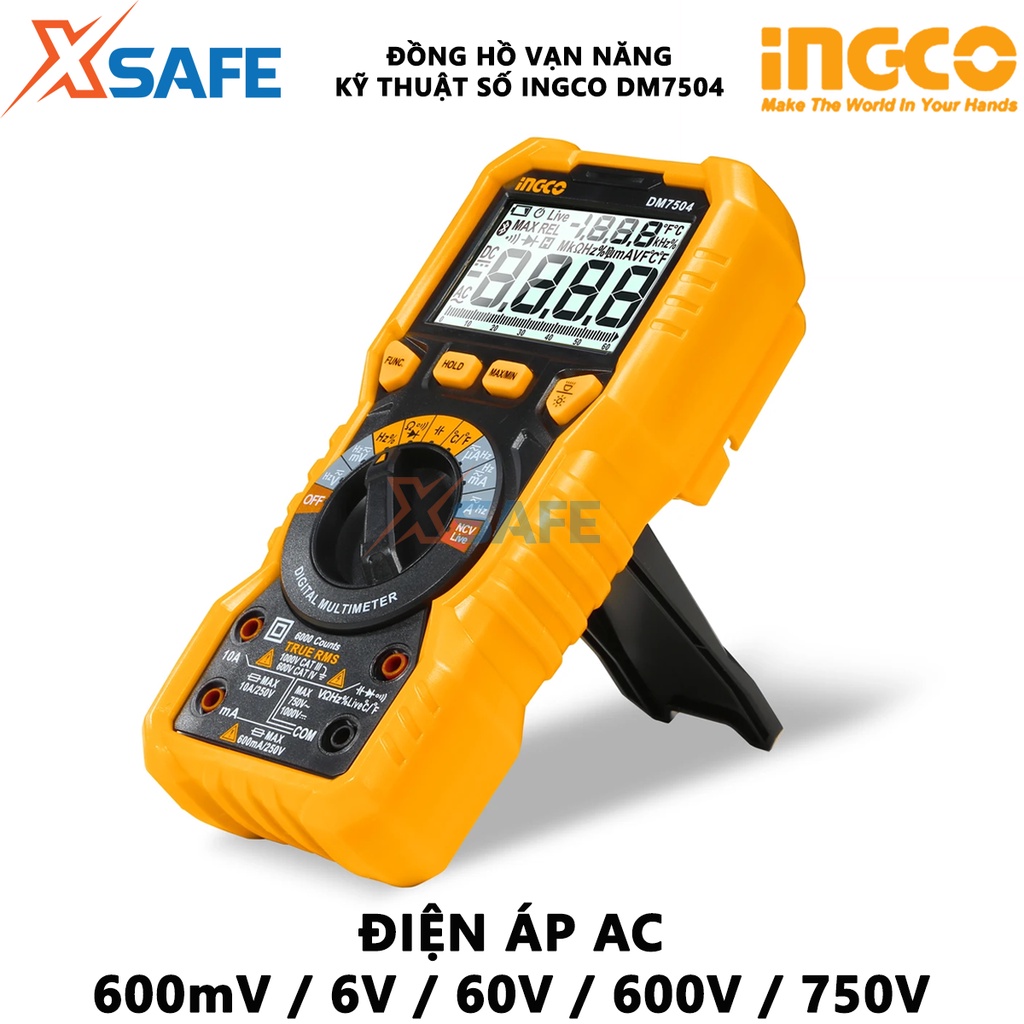 Đồng hồ vạn năng kỹ thuật số INGCO DM7504 RMS thực 6000 số đếm, phát hiện điện áp không tiếp xúc