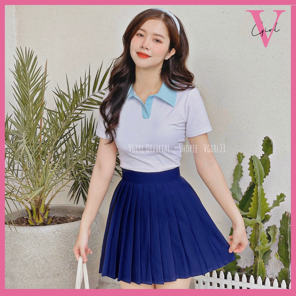 Áo polo nữ VGIRL dáng croptop ôm tay ngắn, thân trắng cổ nhiều màu pastel, chất thun cotton [ẢNH ĐỘC QUYỀN]