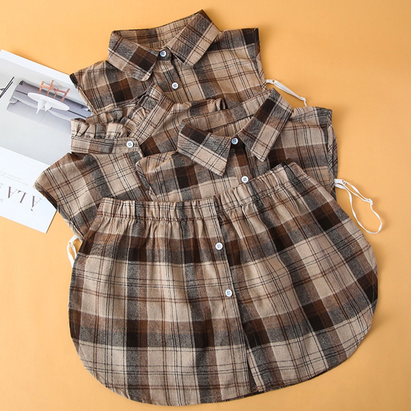 Set 2 Món Áo Sơ Mi Giả Cổ Bẻ In Họa Tiết Cà Phê Phối Cúc Áo Sơ Mi Nối Dài Viền Giả