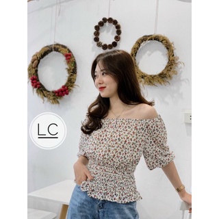 Áo Hoa Cổ U Hoặc Mặc Bẹt Vai Tay Phồng Bo Chun Eo