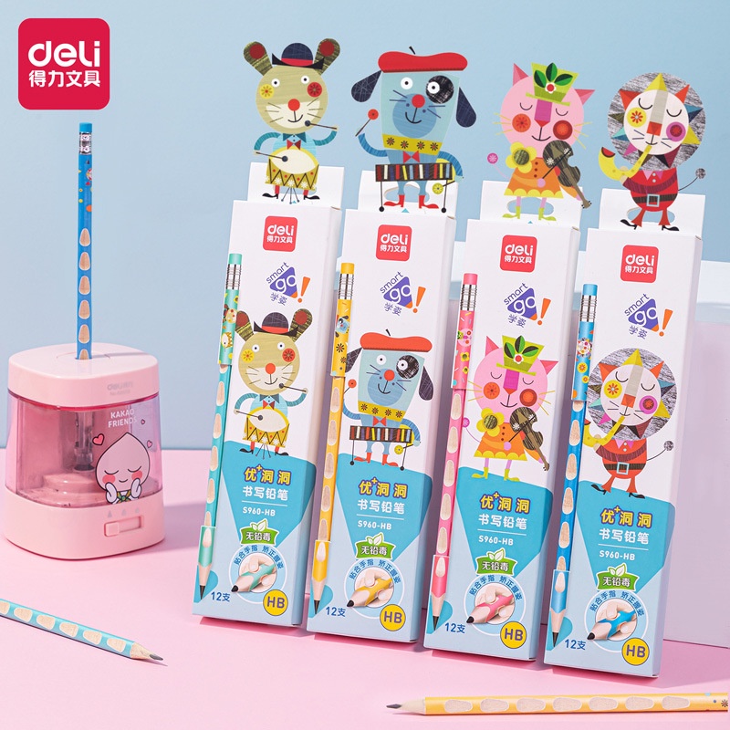 Dụng Cụ Chỉnh Sửa Tư Thế Cầm Bút Chì Gỗ 2B HB Hình Tam Giác In Họa Tiết Hoạt Hình Dễ Thương Cho Bé